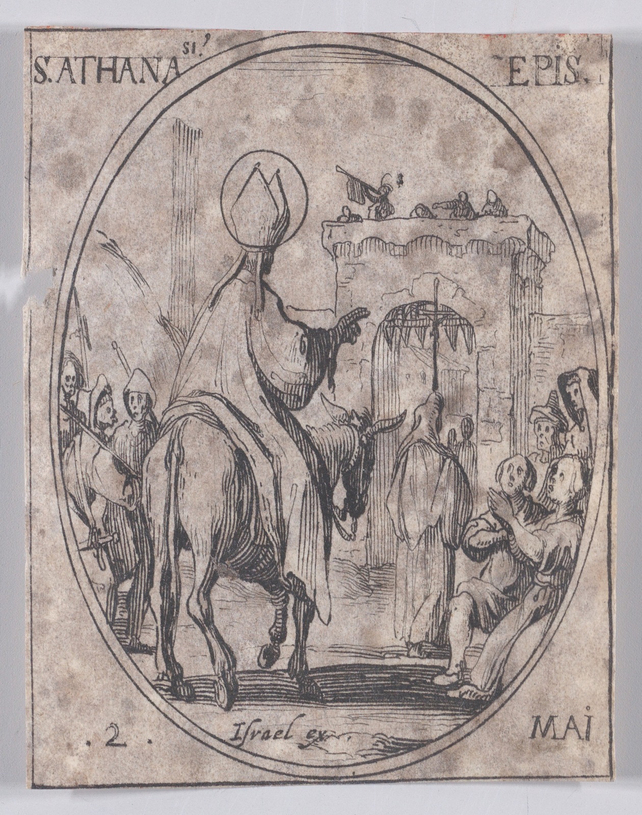 Callot’s small oval etching of Athanasius, mitred and haloed, riding a mule through a city gate as people kneel to greet him.