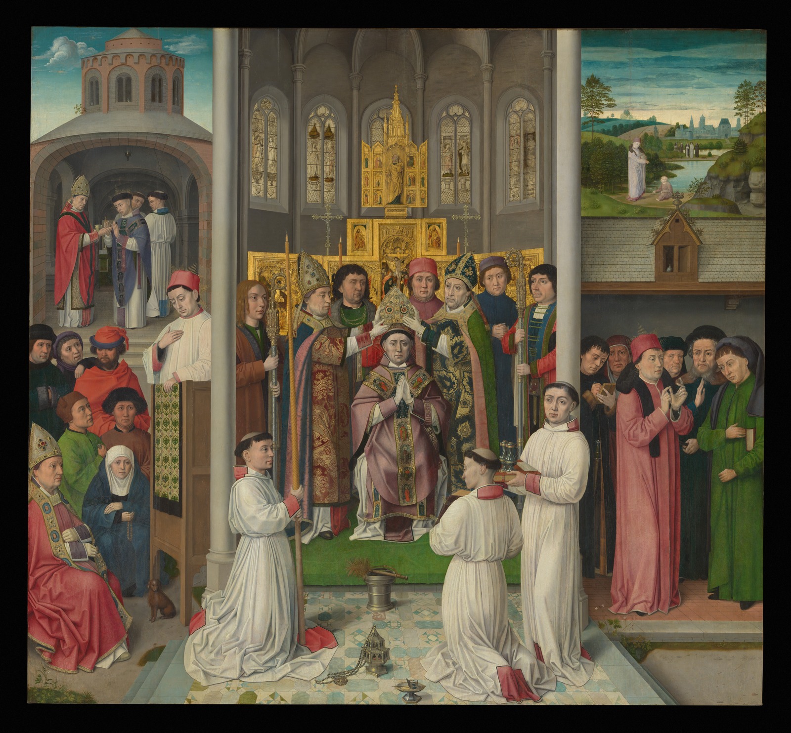 Netherlandish panel of crowded church scenes; at the centre Augustine sits enthroned in vestments as bishops place a mitre on his head.