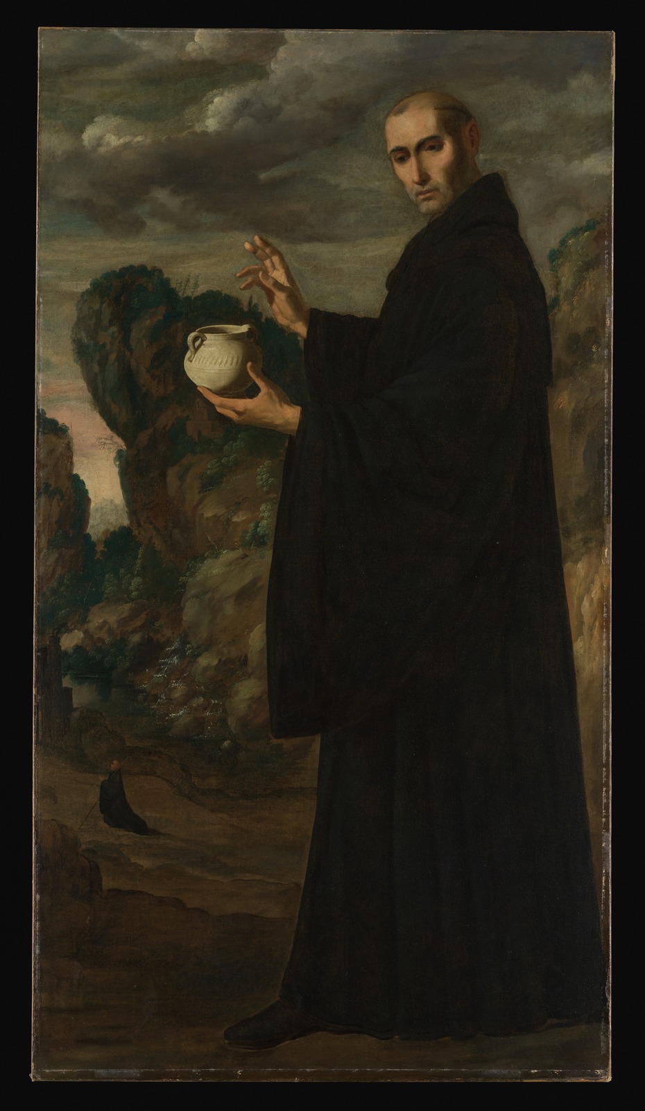 Zurbarán’s full-length Benedict in a black habit, blessing a cracked cup held in his left hand, against a dark landscape.