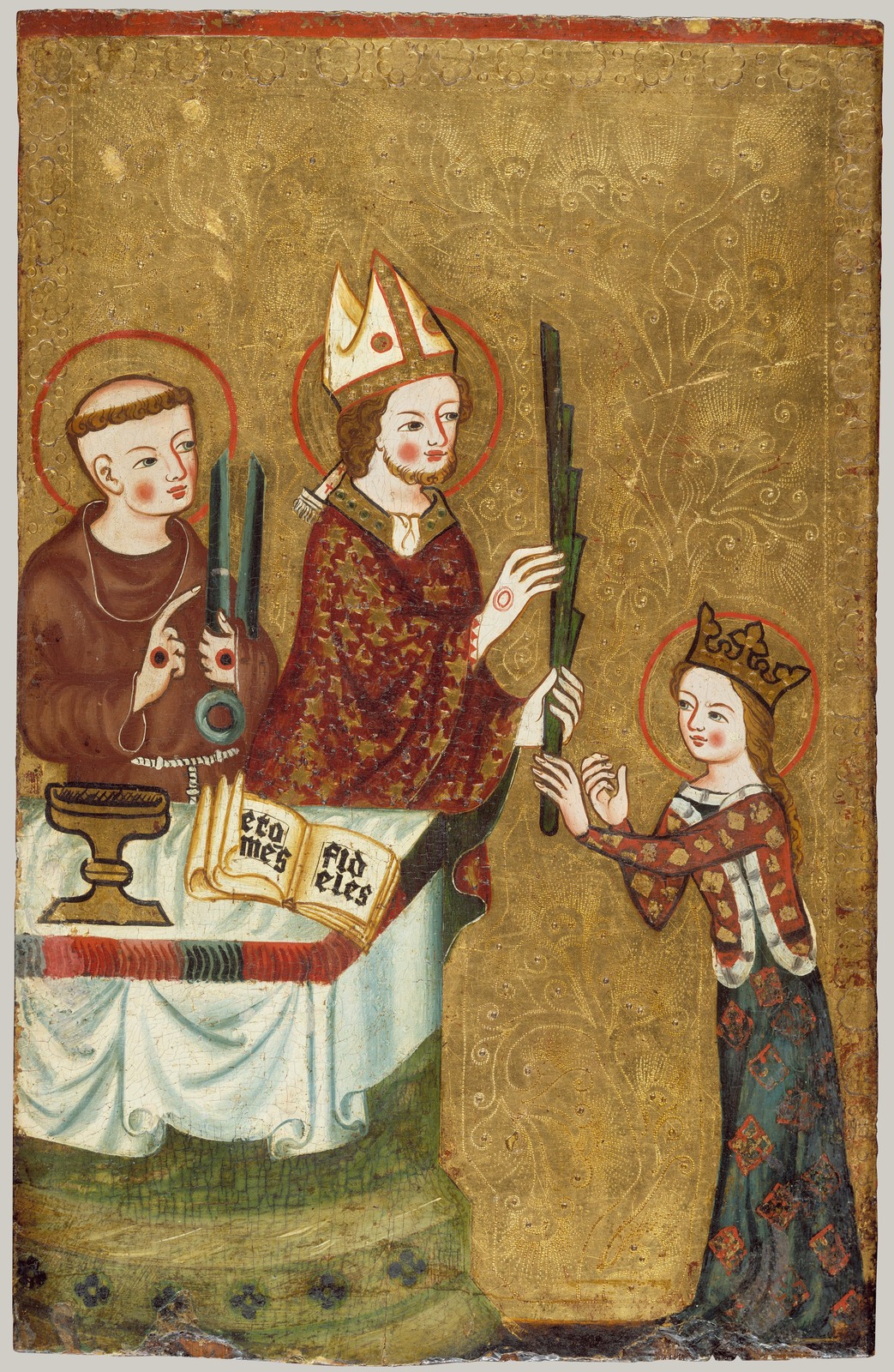 Gold-ground panel: a mitred bishop hands a palm branch to the young Clare, crowned and haloed, while a tonsured friar looks on.