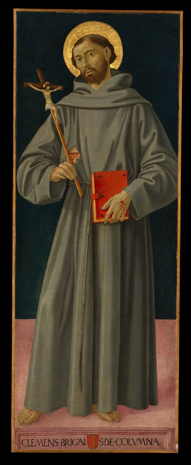 Antoniazzo Romano’s full-length Francis in the grey Franciscan habit, holding a crucifix and a red book, an inscribed panel below.