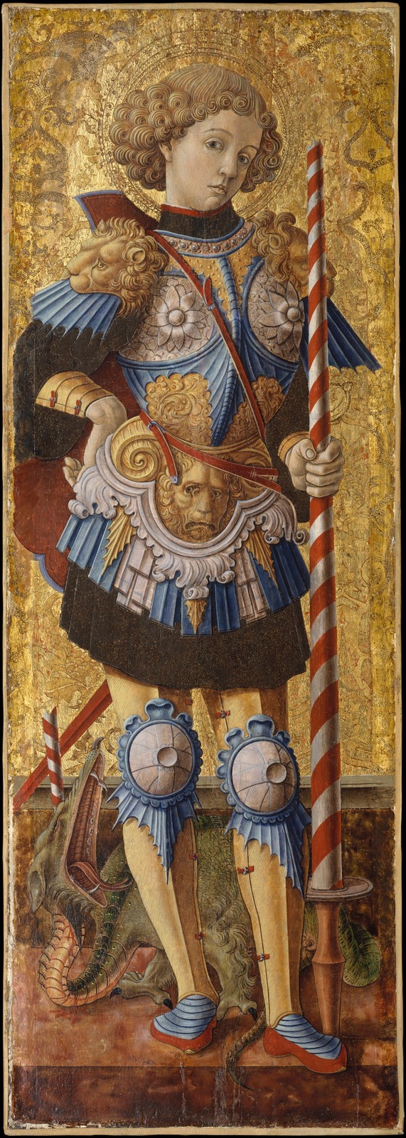 Crivelli’s full-length Saint George in ornate armour with a striped lance, the slain dragon at his feet, on a gold ground.