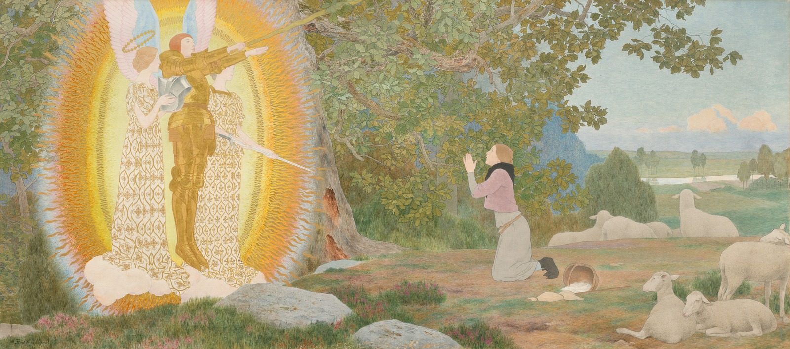 Boutet de Monvel’s Joan kneeling in prayer among her sheep, facing a golden apparition of an armoured angel between two women saints.