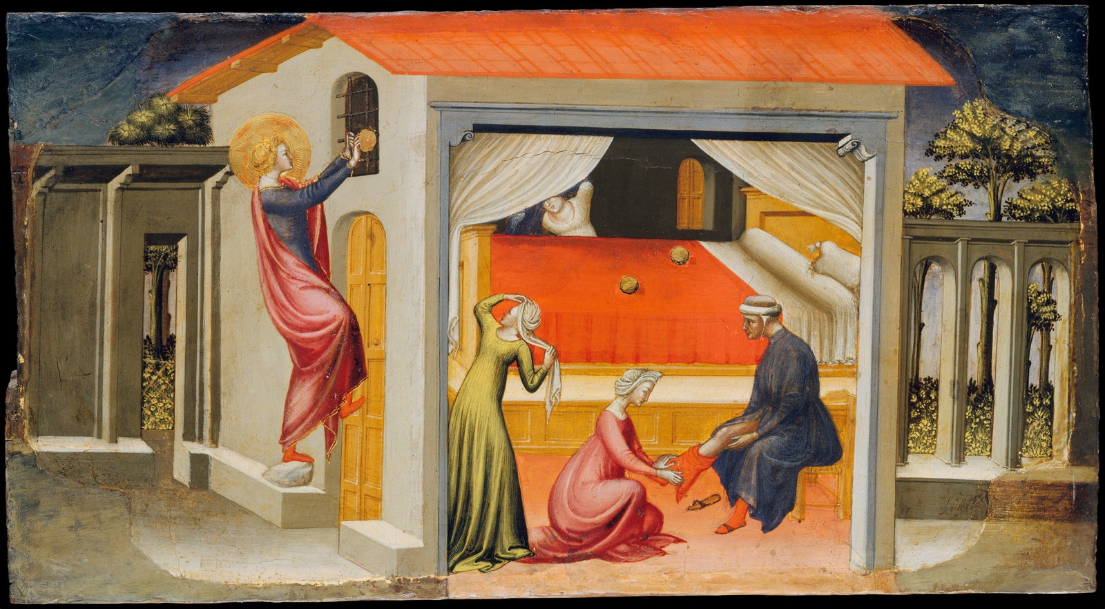 Bicci di Lorenzo’s Nicholas climbing to a window to pass in gold, while inside a poor father and his three daughters wait.