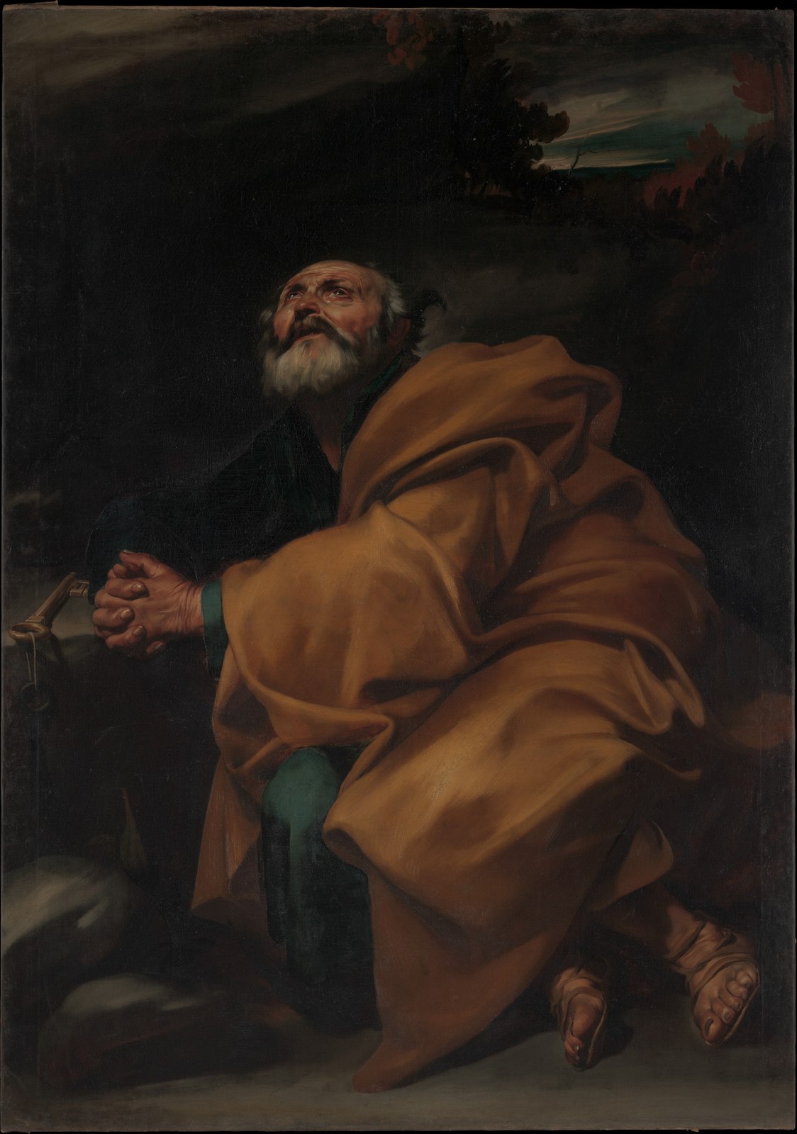 Ribera’s half-length Saint Peter in an ochre mantle, hands clasped, gaze lifted in penitence.