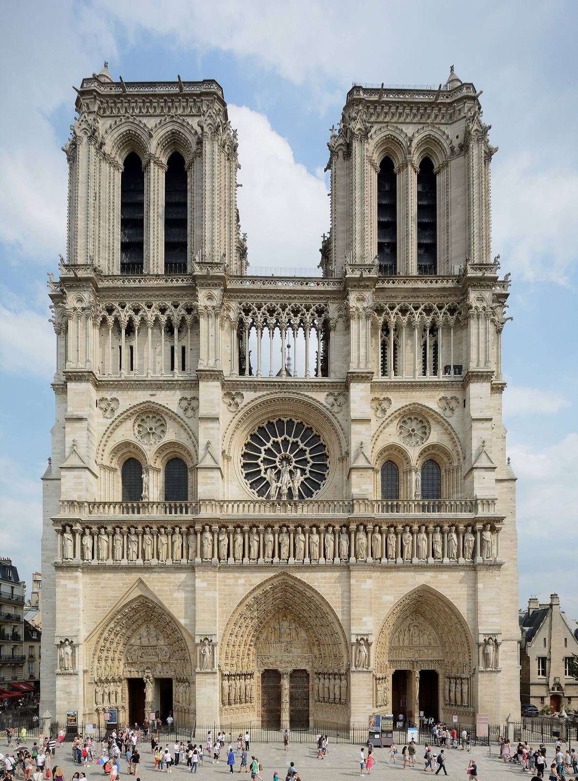 The west front of Notre-Dame de Paris, with its two square towers and central rose window.