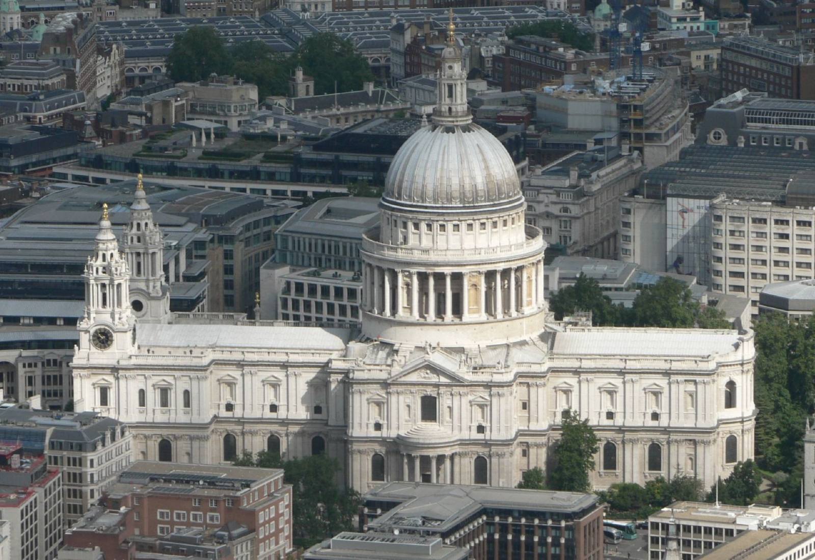 Aerial view of St Paul’s Cathedral and its great dome among City of London buildings.